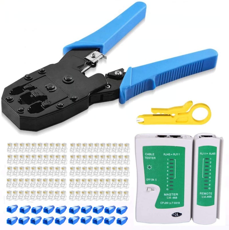 Gaobige rj45 Crimp Tool Kit, Cat5 Cat5e Crimping Tool with 100pcs rj45 Cat5 Connectors, 20pcs rj45 Cat5e Connector Covers, Cable Tester, Network Wire Stripper - Image 1